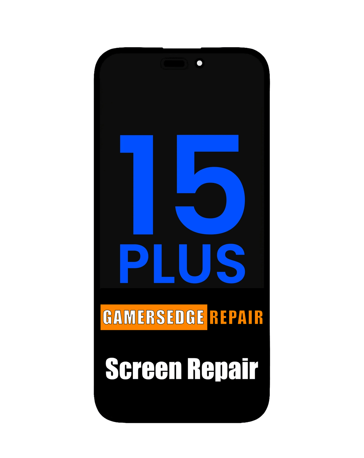 Phone screen with '15 Plus' and 'Gamersedge Repair' text on a white background