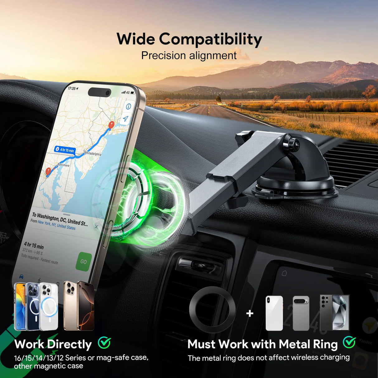 Car phone holder with smartphone displaying navigation app, set against a scenic road background.