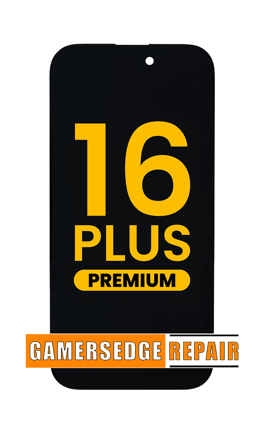 Phone with '16 Plus Premium' text and GamersEdge Repair branding on a white background