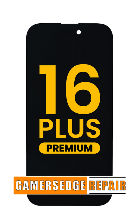 Phone with '16 Plus Premium' text and GamersEdge Repair branding on a white background