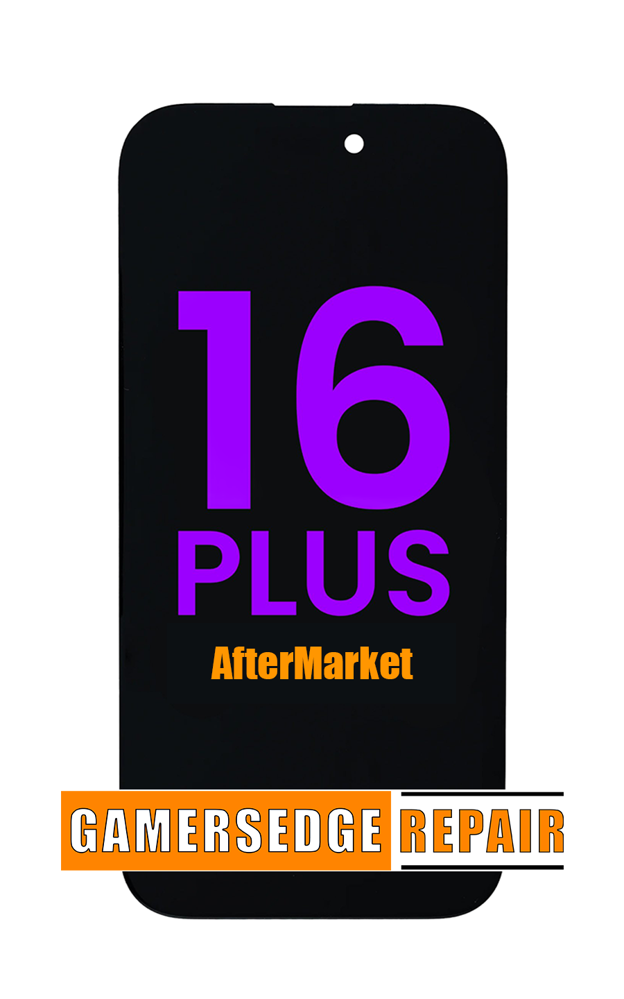 Black phone with '16 Plus' and 'AfterMarket' text, featuring 'Gamersedge Repair' branding.