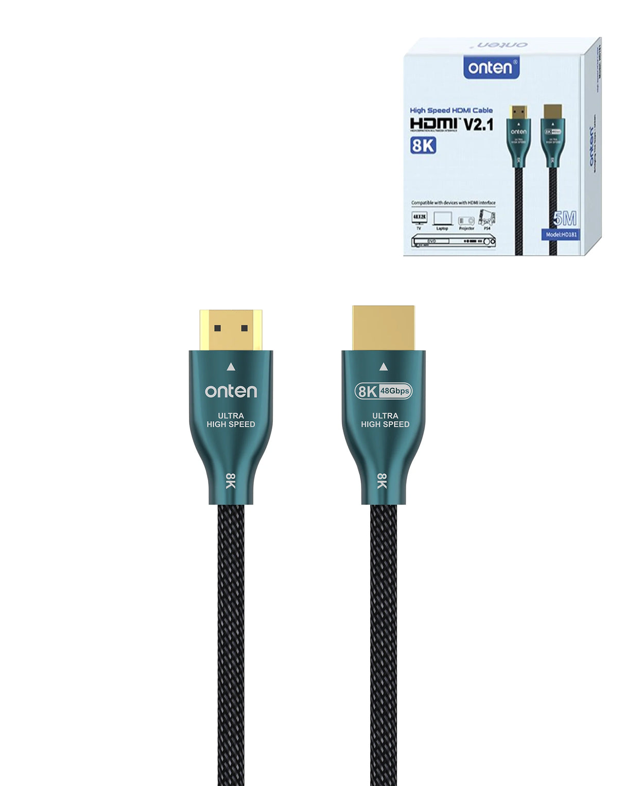 An ONION branded HDMI cable, version 2.1, with a braided black design, alongside its packaging box which supports 8K and 4K resolutions.