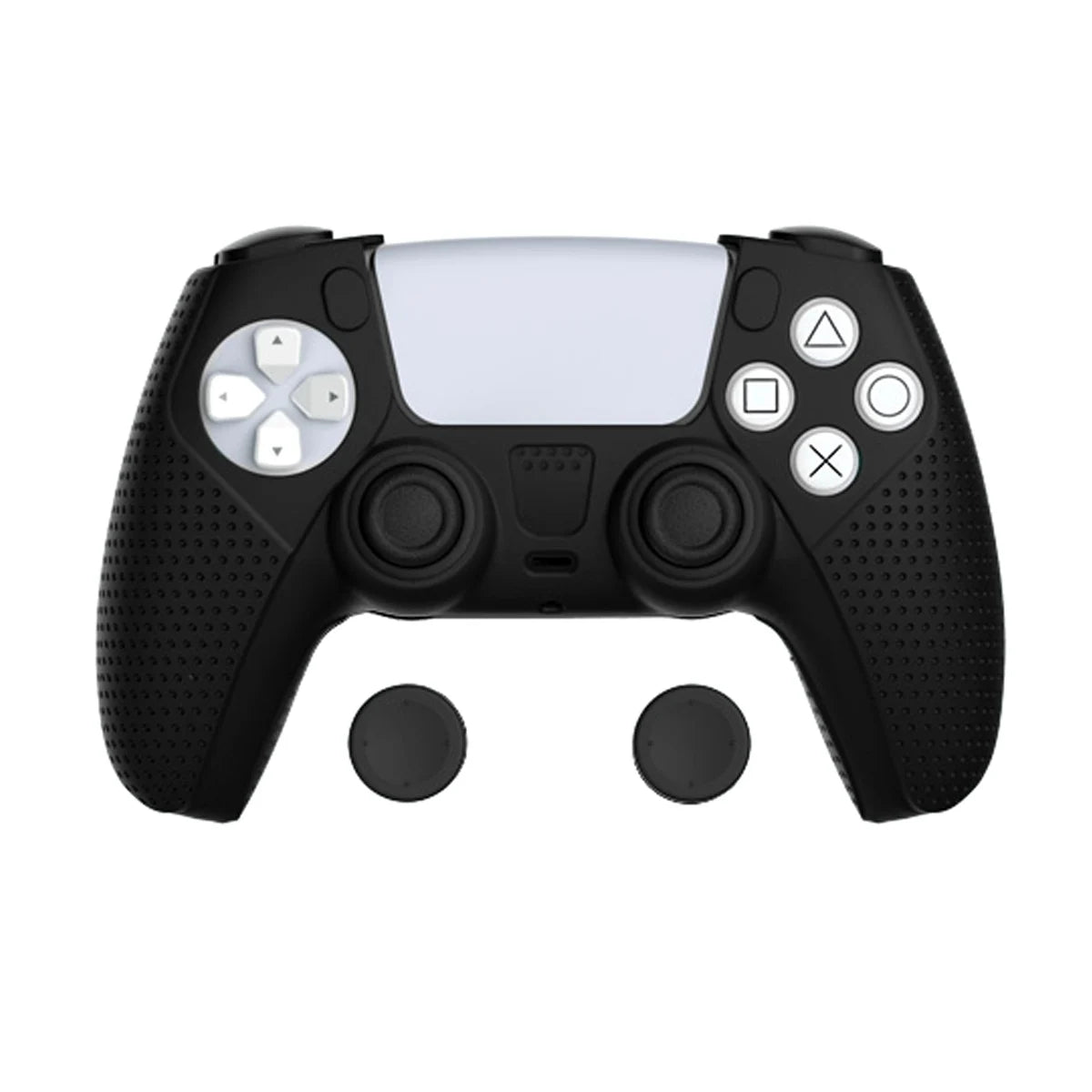 Black gaming controller with rubber case on a white background