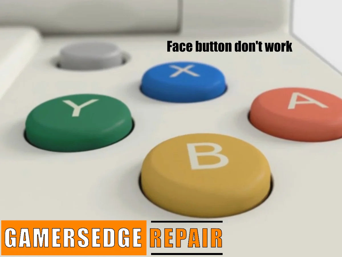 A graphic with colored buttons labeled X, Y, A, B indicating a request for face button repair service for a gaming console.