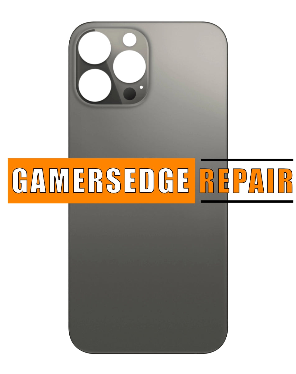 Rear view of an iPhone 13 Pro with a cracked back glass, with the text 'GAMERSEDGE REPAIR' added to the image.