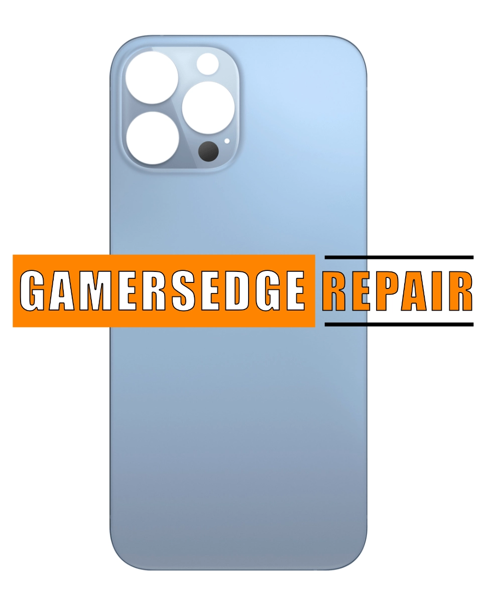 Rear view of an iPhone 13 Pro with a cracked back glass, with the text 'GAMERSEDGE REPAIR' added to the image.