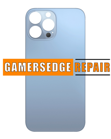 Rear view of an iPhone 13 Pro with a cracked back glass, with the text 'GAMERSEDGE REPAIR' added to the image.
