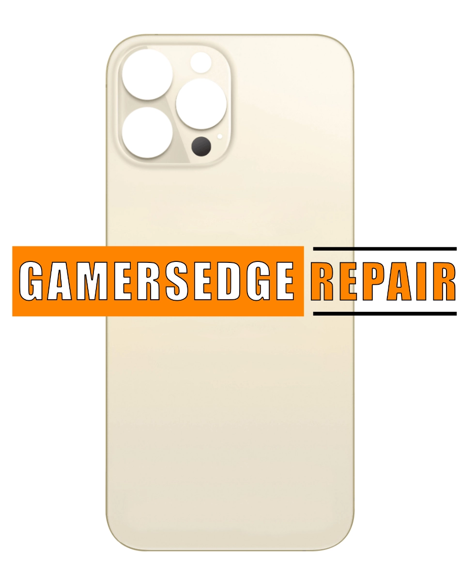 Rear view of an iPhone 13 Pro with a cracked back glass, with the text 'GAMERSEDGE REPAIR' added to the image.