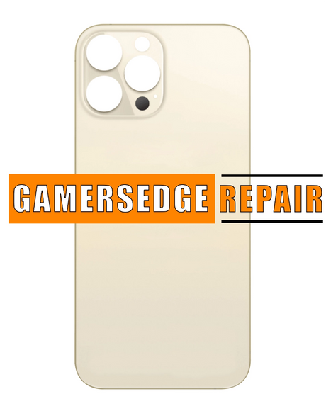 Rear view of an iPhone 13 Pro with a cracked back glass, with the text 'GAMERSEDGE REPAIR' added to the image.