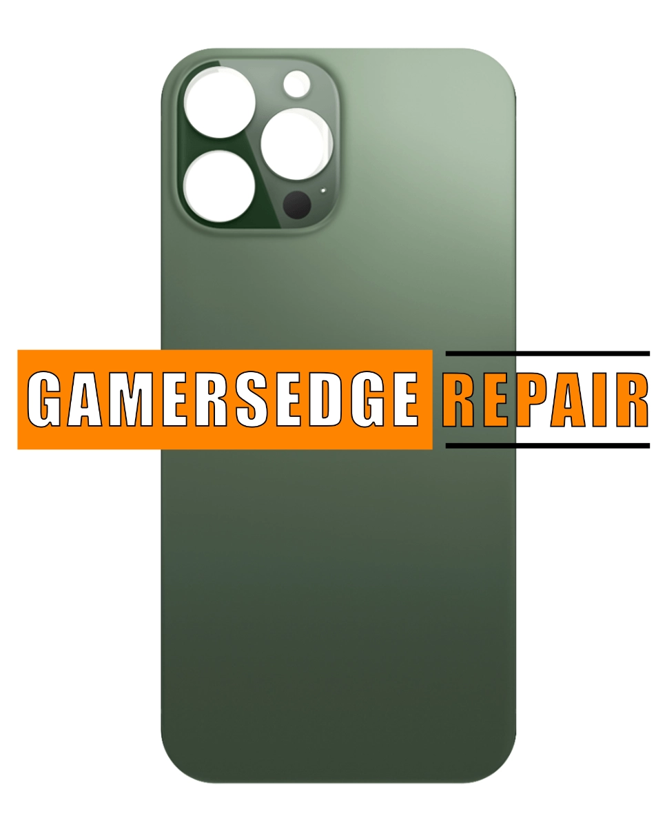 Rear view of an iPhone 13 Pro with a cracked back glass, with the text 'GAMERSEDGE REPAIR' added to the image.