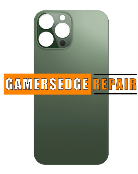 Rear view of an iPhone 13 Pro with a cracked back glass, with the text 'GAMERSEDGE REPAIR' added to the image.