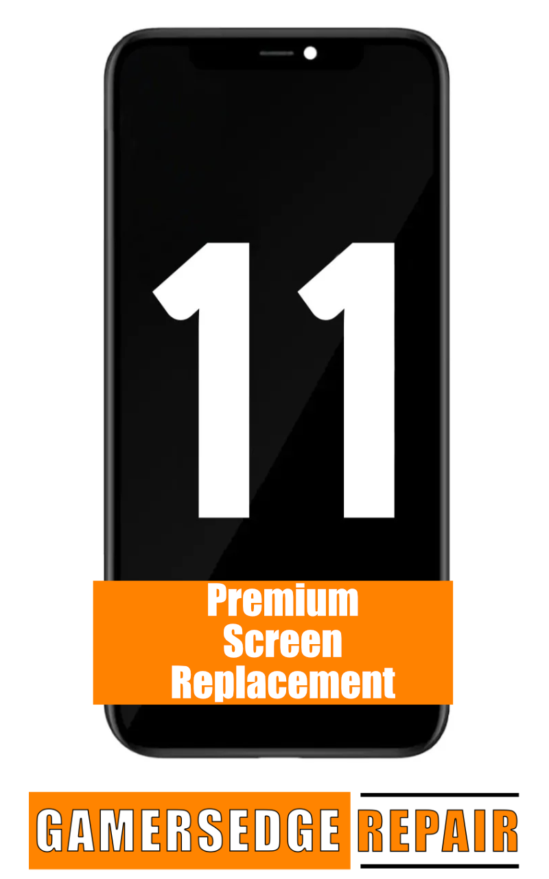 An illustration of an iPhone 11 screen replacement service advertisement, indicating a premium screen option