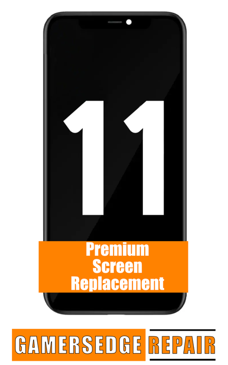 An illustration of an iPhone 11 screen replacement service advertisement, indicating a premium screen option