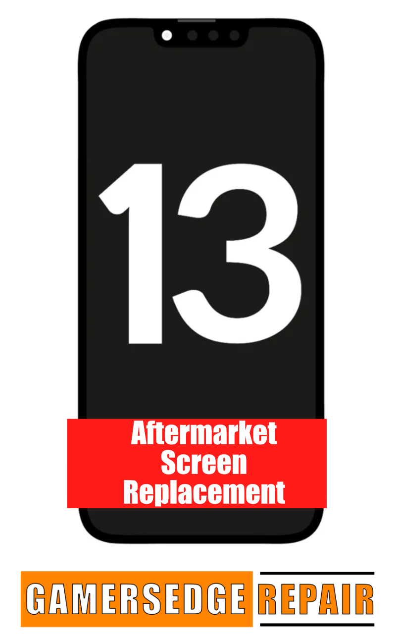 An illustration of an iPhone 13 screen replacement service advertisement, indicating an aftermarket screen option.