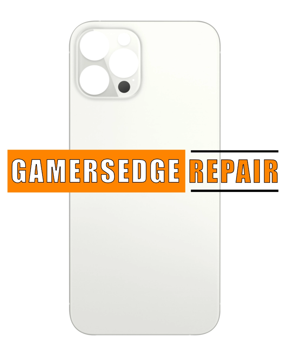 Rear view of an iPhone 13 Pro with a cracked back glass, with the text 'GAMERSEDGE REPAIR' added to the image.