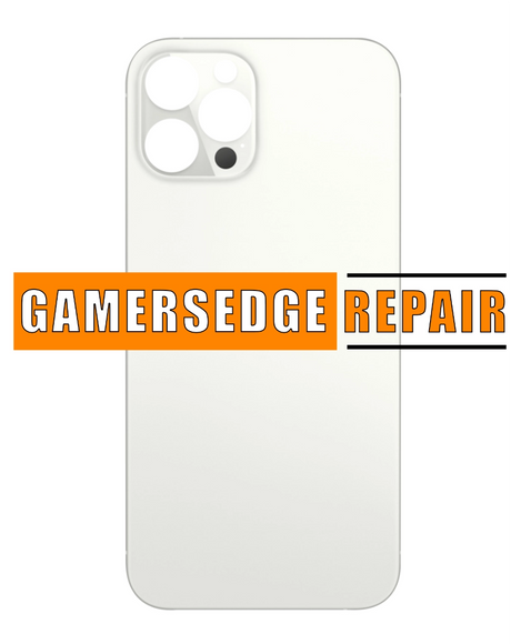 Rear view of an iPhone 13 Pro with a cracked back glass, with the text 'GAMERSEDGE REPAIR' added to the image.