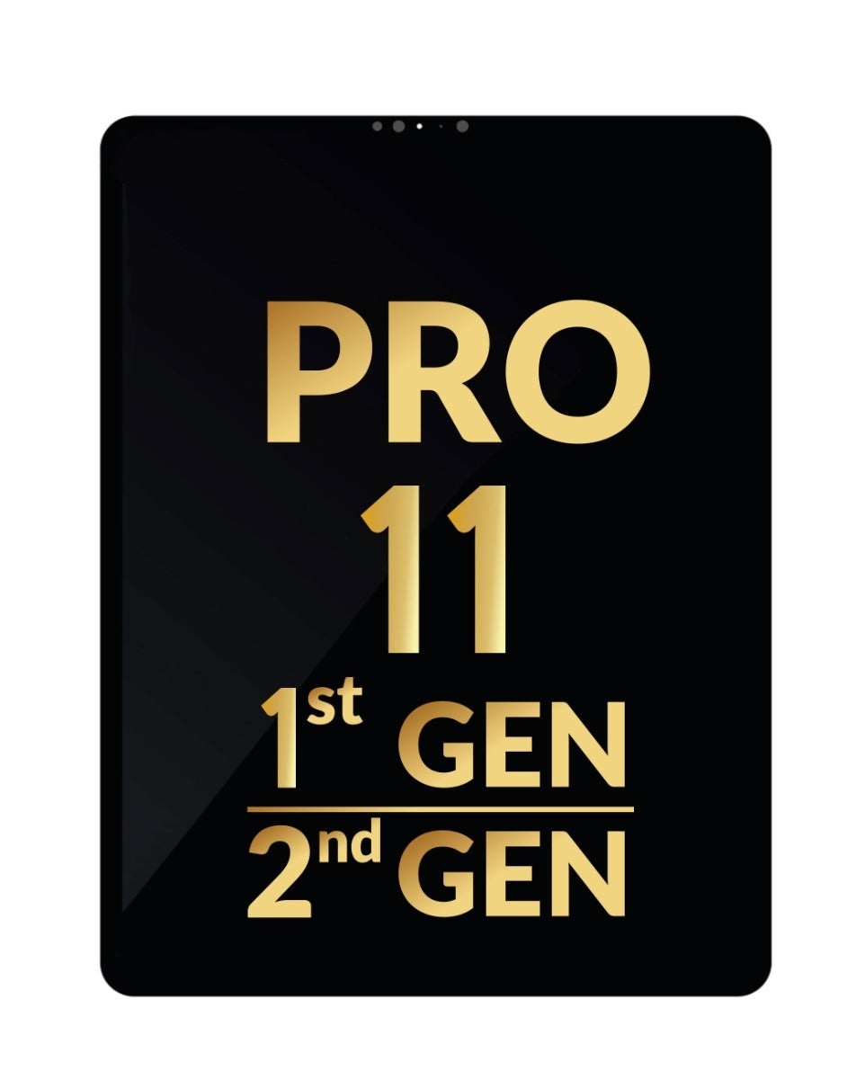 Black iPad Pro screen displaying text indicating the device model as 'PRO 11 1st GEN / 2nd GEN' in red and white colors.