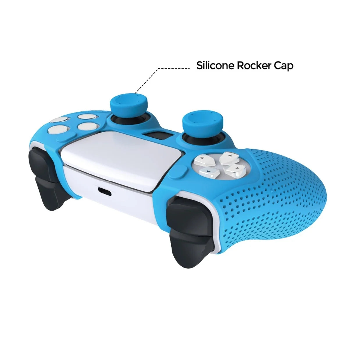 Blue gaming controller with silicone rocker cap on a white background