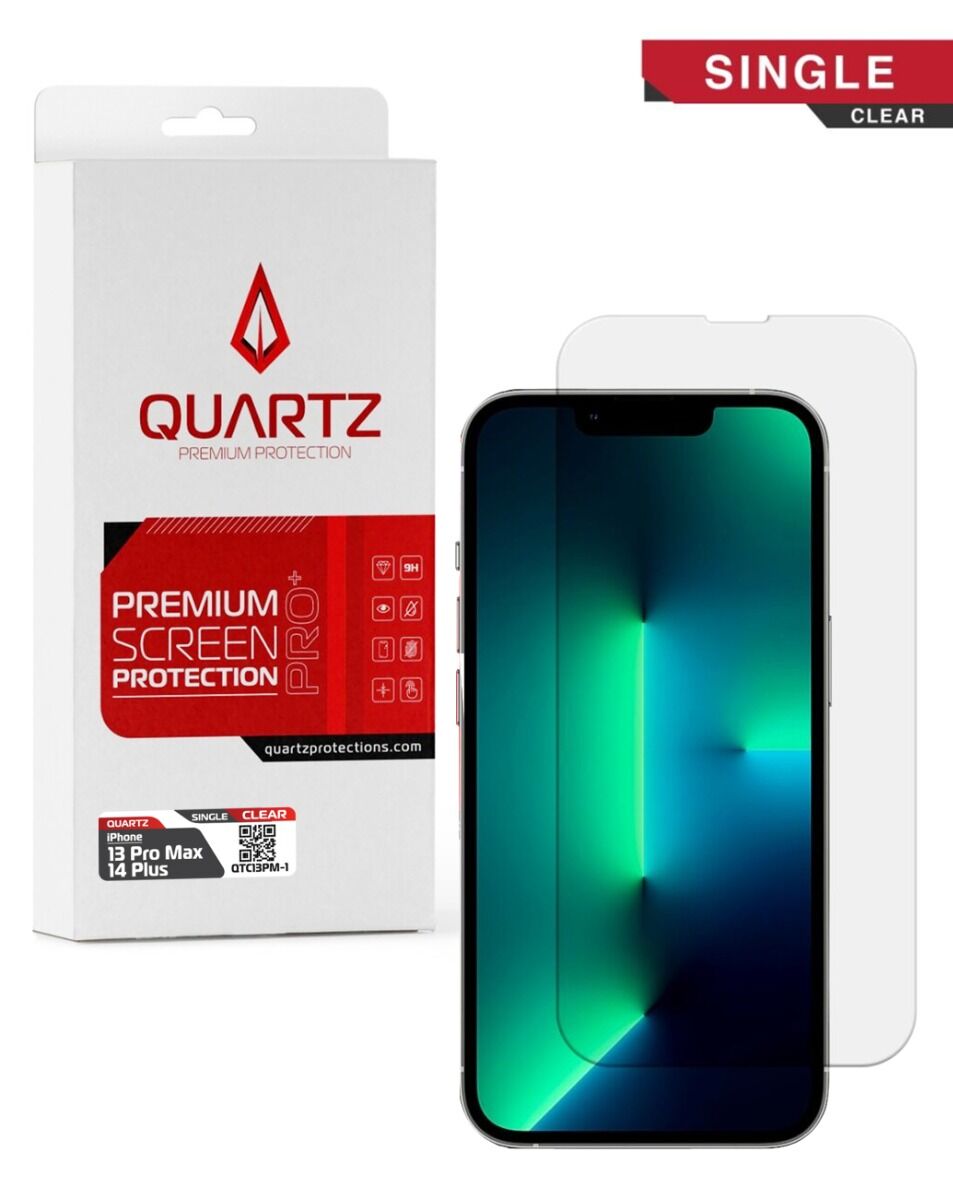 Packaging and clear tempered glass screen protector for an iPhone 13 pro max and 14 plus, displayed on a stand with a red and white design.
