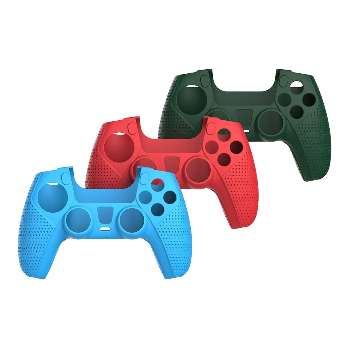 Three colorful gaming controller grips in blue, red, and green on a white background