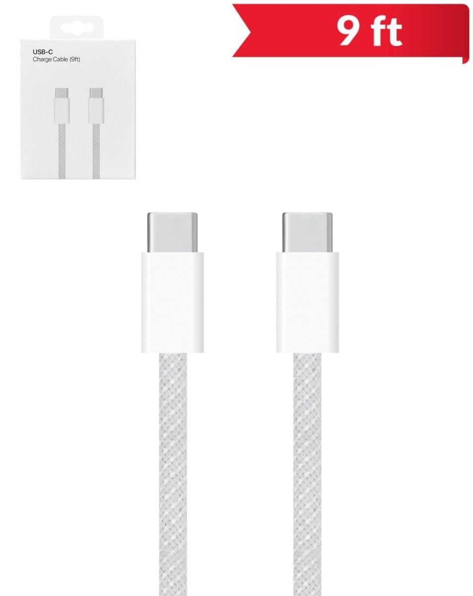 A 9-foot USB C to USB C charging cable with a white braided jacket and clear connectors at both ends, packaged in a white box with a red '9FT' label.