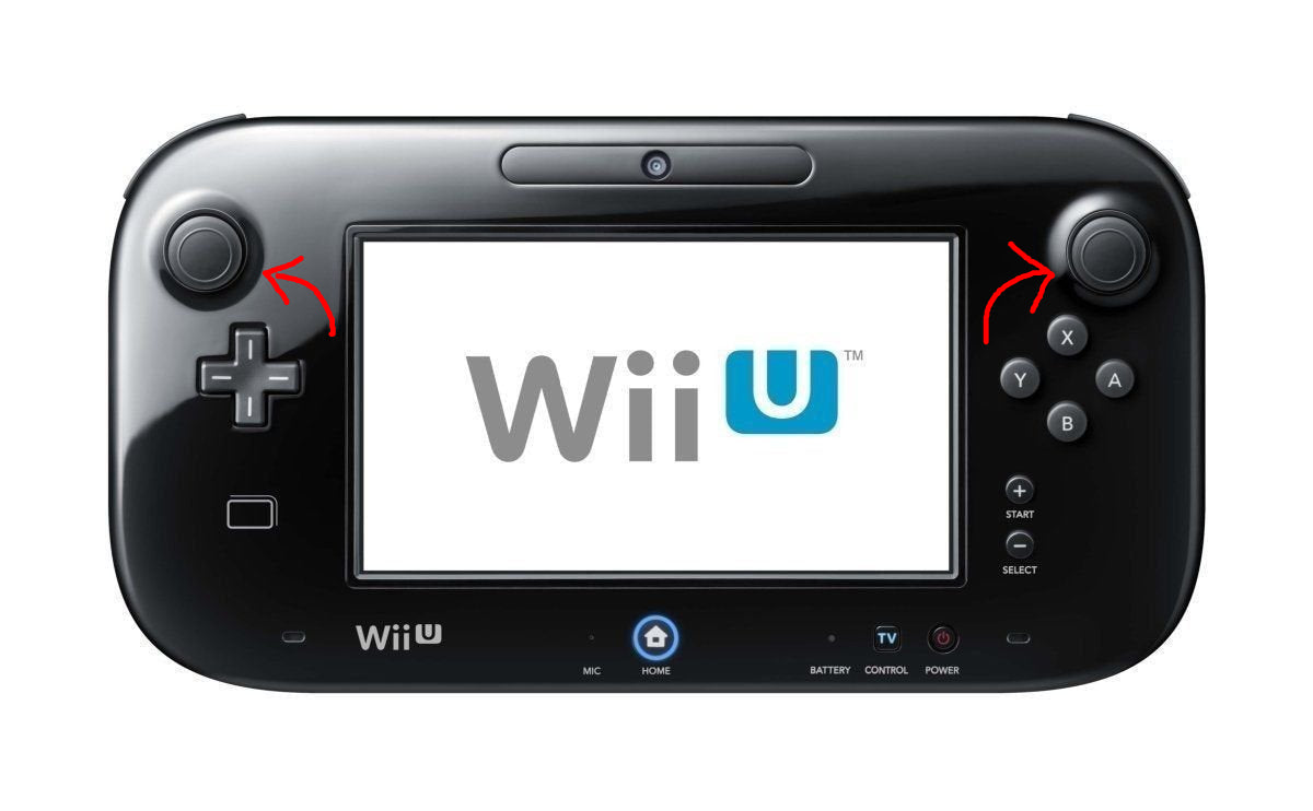 A black Nintendo Wii U gamepad with the WiiU logo displayed on the screen, showing signs of wear or damage on the analog sticks.