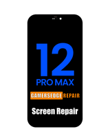 Smartphone with '12 Pro Max' branding on a black background, featuring 'Gamersedge Repair' text.