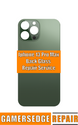 Green phone with text about iPhone 13 Pro Max back glass repair service by Gamersedge Repair on an orange banner.