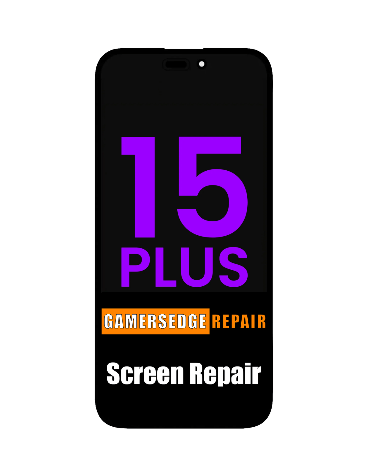 Phone with '15 Plus' and 'Gamersedge Repair Screen Repair' text on a white background