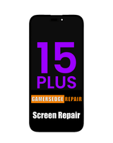 Phone with '15 Plus' and 'Gamersedge Repair Screen Repair' text on a white background