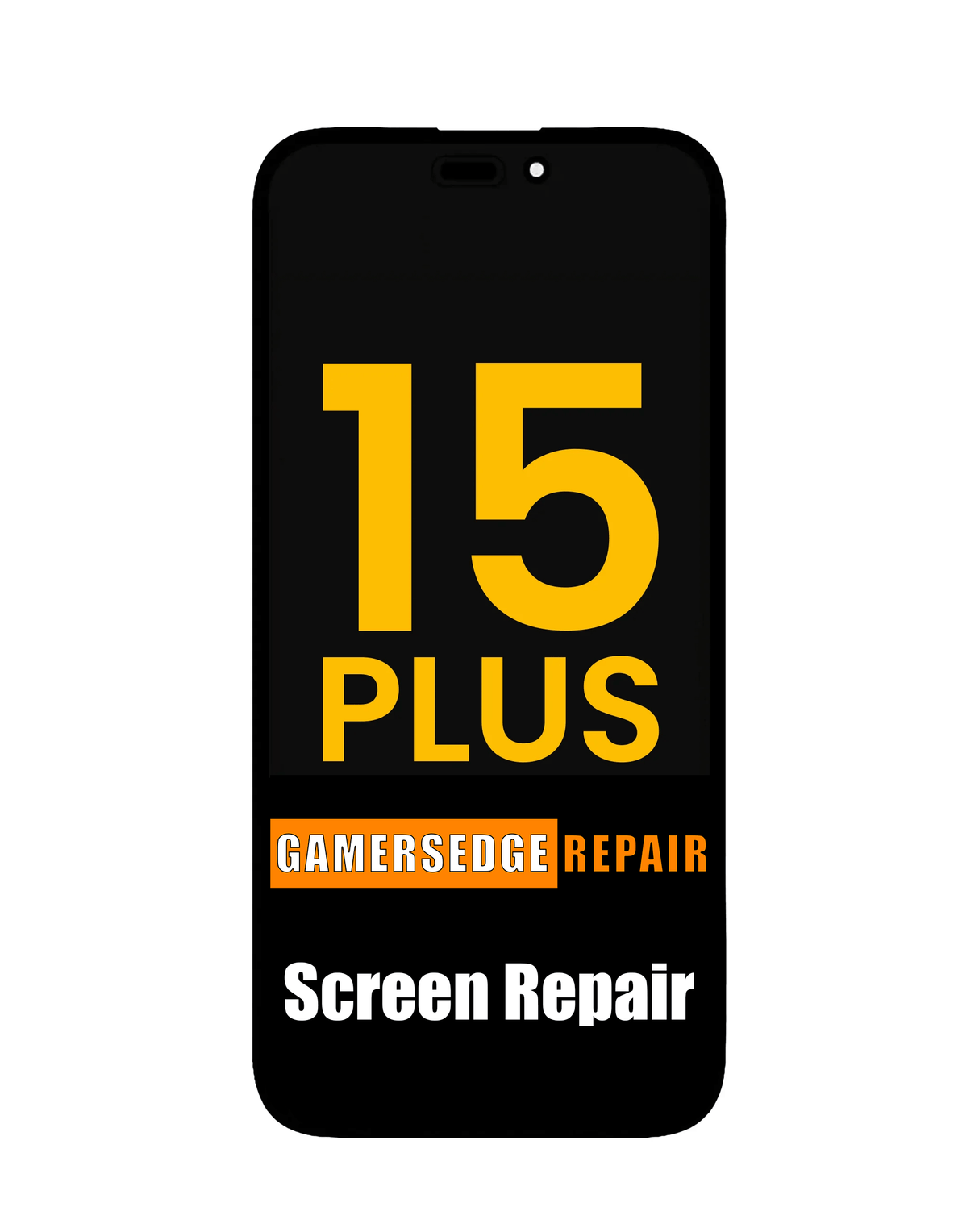Phone with '15 Plus Gamersedge Repair Screen Repair' text on a white background