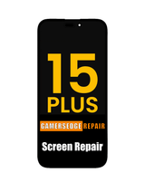 Phone with '15 Plus Gamersedge Repair Screen Repair' text on a white background