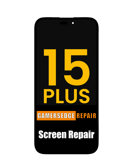Phone with '15 Plus Gamersedge Repair Screen Repair' text on a white background
