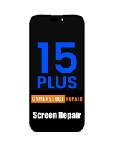 Phone screen with '15 Plus' and 'Gamersedge Repair' text on a white background