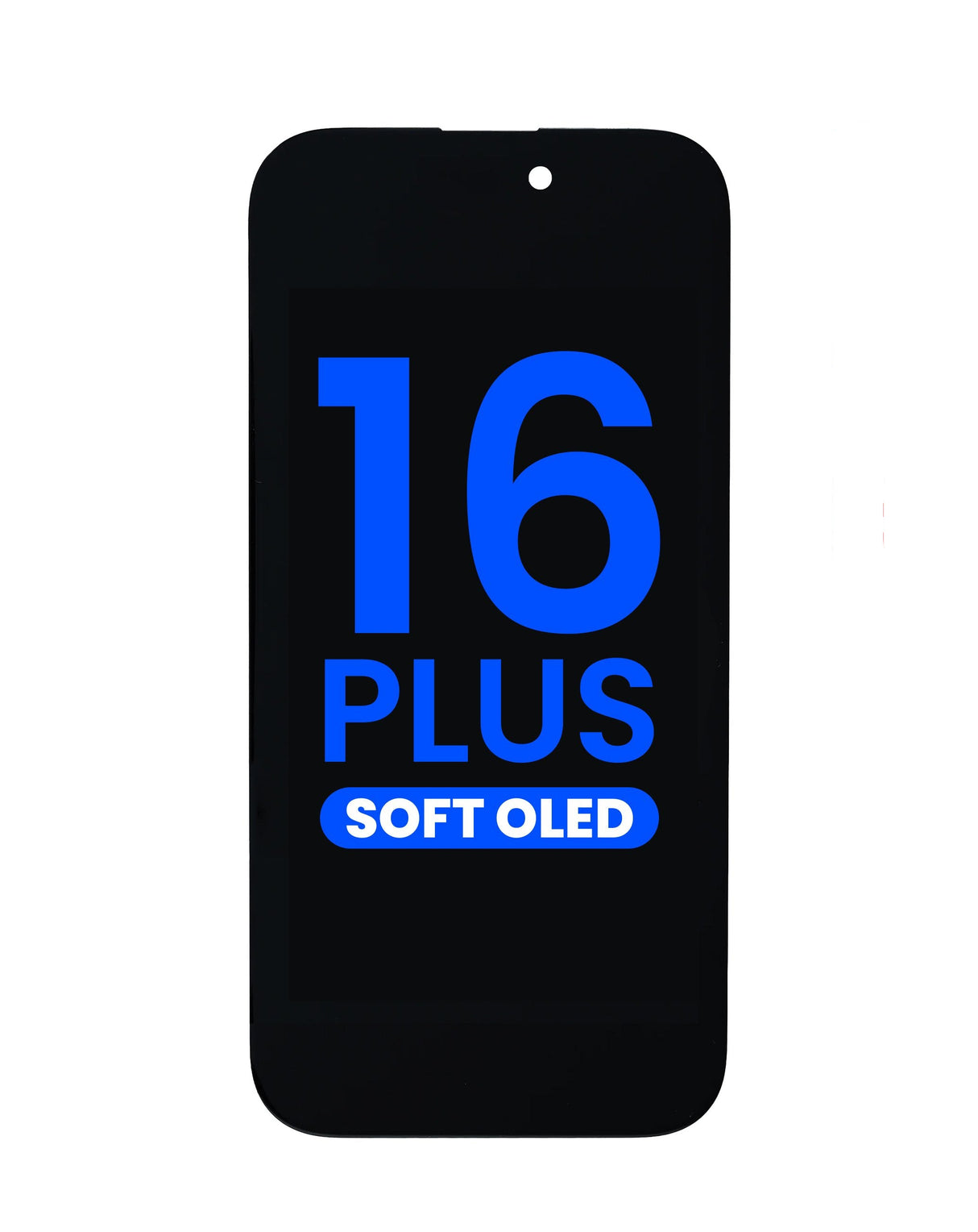Phone screen protector with '16 Plus Soft OLED' text on a black background