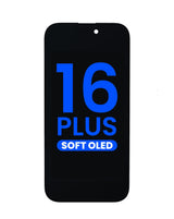 Phone screen protector with '16 Plus Soft OLED' text on a black background