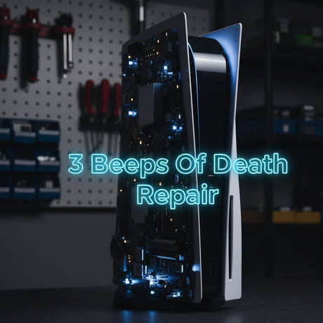 Playstation 5 with glowing blue lights on a dark background with text '3 Beeps Of Death Repair'.