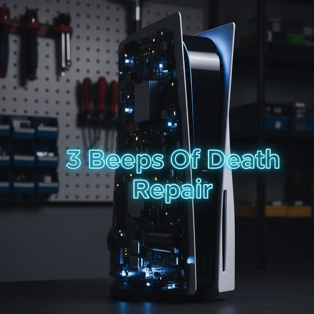 Playstation 5 with glowing blue lights on a dark background with text '3 Beeps Of Death Repair'.