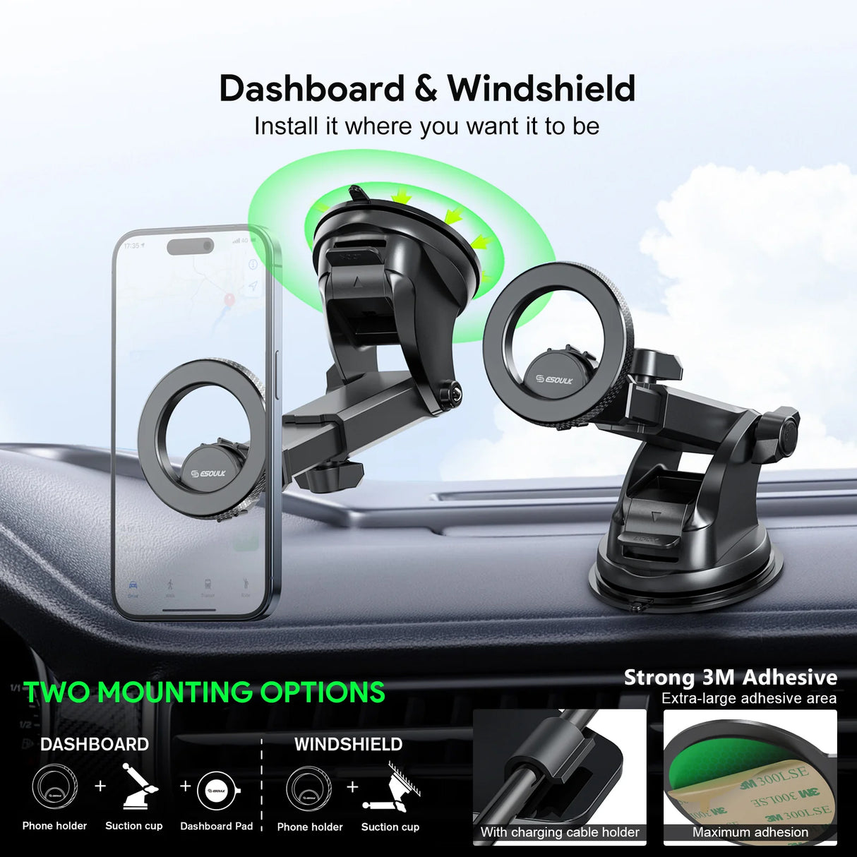 Black magnetic car dashboard and windshield phone mount shown installed on a car dashboard, with a smartphone placed in the mount. The image includes text explaining two mounting options: dashboard and windshield, plus a small inset showing the strong 3M adhesive.