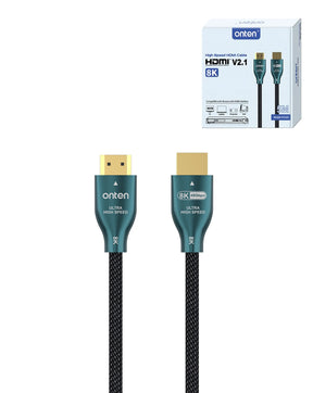 An ONION branded HDMI cable, version 2.1, with a braided black design, alongside its packaging box which supports 8K and 4K resolutions.