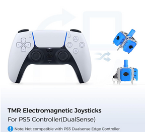 A PS5 controller with TMR electromagnetic joysticks and a disassembled view showing the installation of the sensor module.