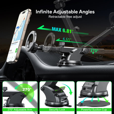 Car phone holder with adjustable angles and features on a dark background