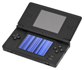 A Nintendo DS Lite game console with the top screen displaying a blue bar pattern, indicating a potential screen issue.