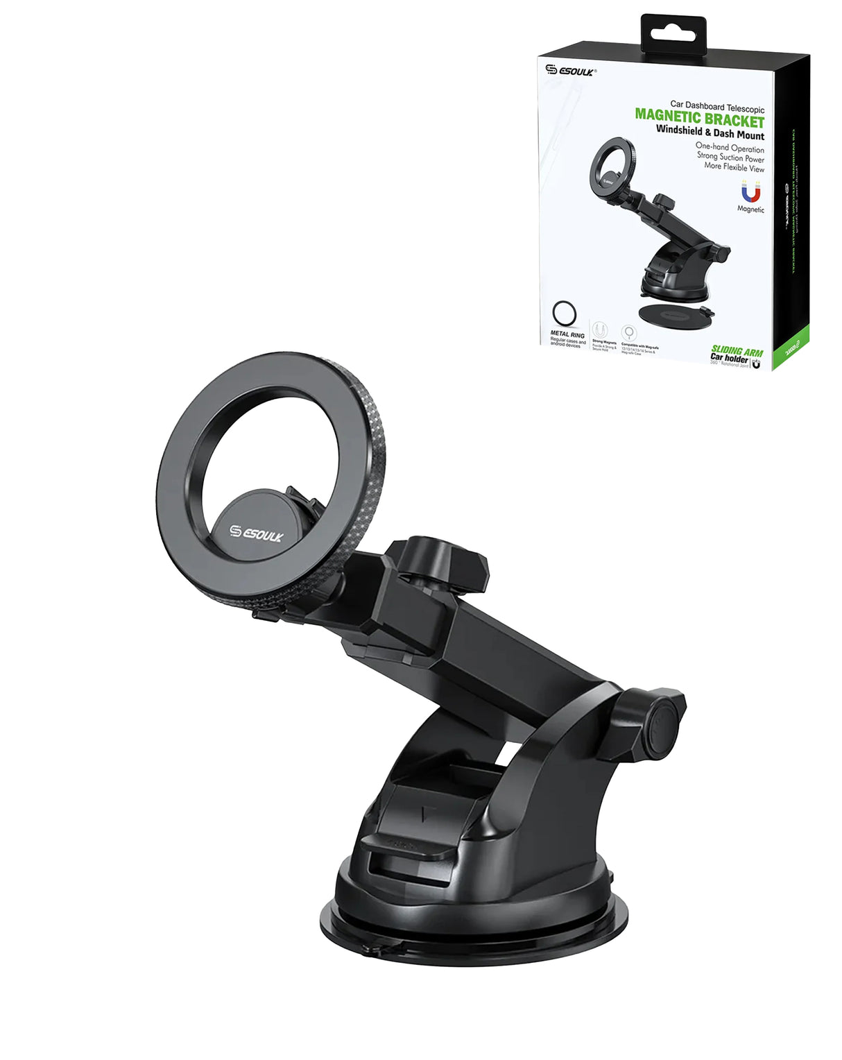 Black magnetic phone holder with packaging on a white background