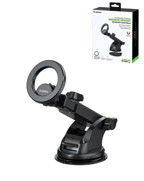 Black magnetic phone holder with packaging on a white background