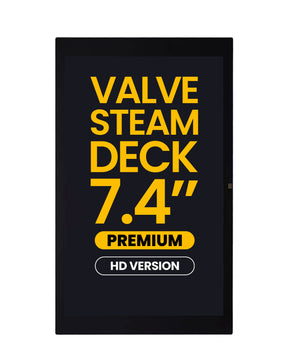 A 7.4-inch digital display screen showing the text 'VALVE STEAM DECK 7.