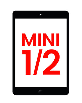Black iPad Mini screen with red text displaying the numbers '1/2' indicating a possible model version.