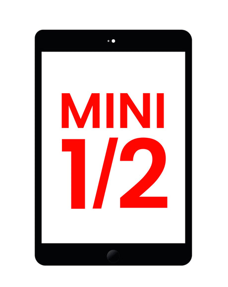 Black iPad Mini screen with red text displaying the numbers '1/2' indicating a possible model version.