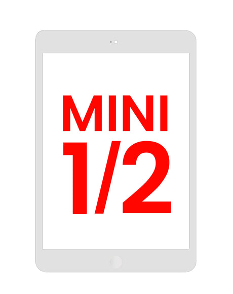 Black iPad Mini screen with red text displaying the numbers '1/2' indicating a possible model version.