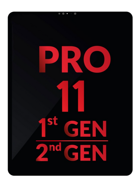 Black iPad Pro screen displaying text indicating the device model as 'PRO 11 1st GEN / 2nd GEN' in red and white colors.